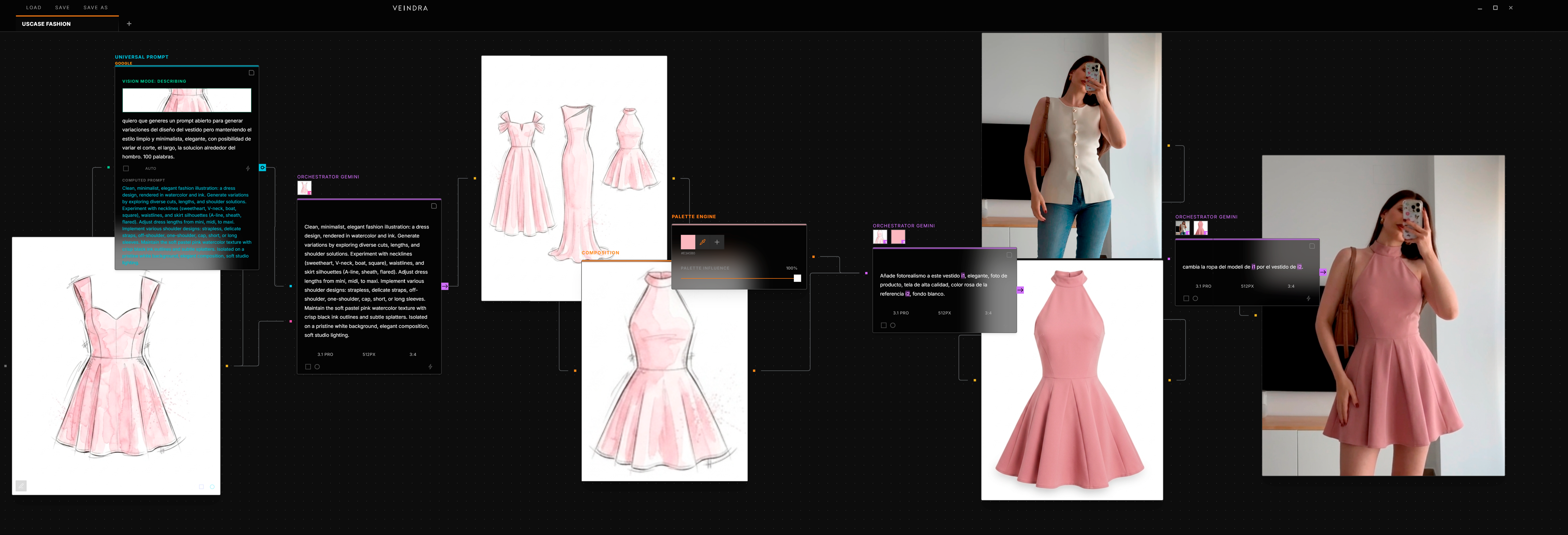 Complete VEINDRA fashion workflow from sketch variations to photoreal model output