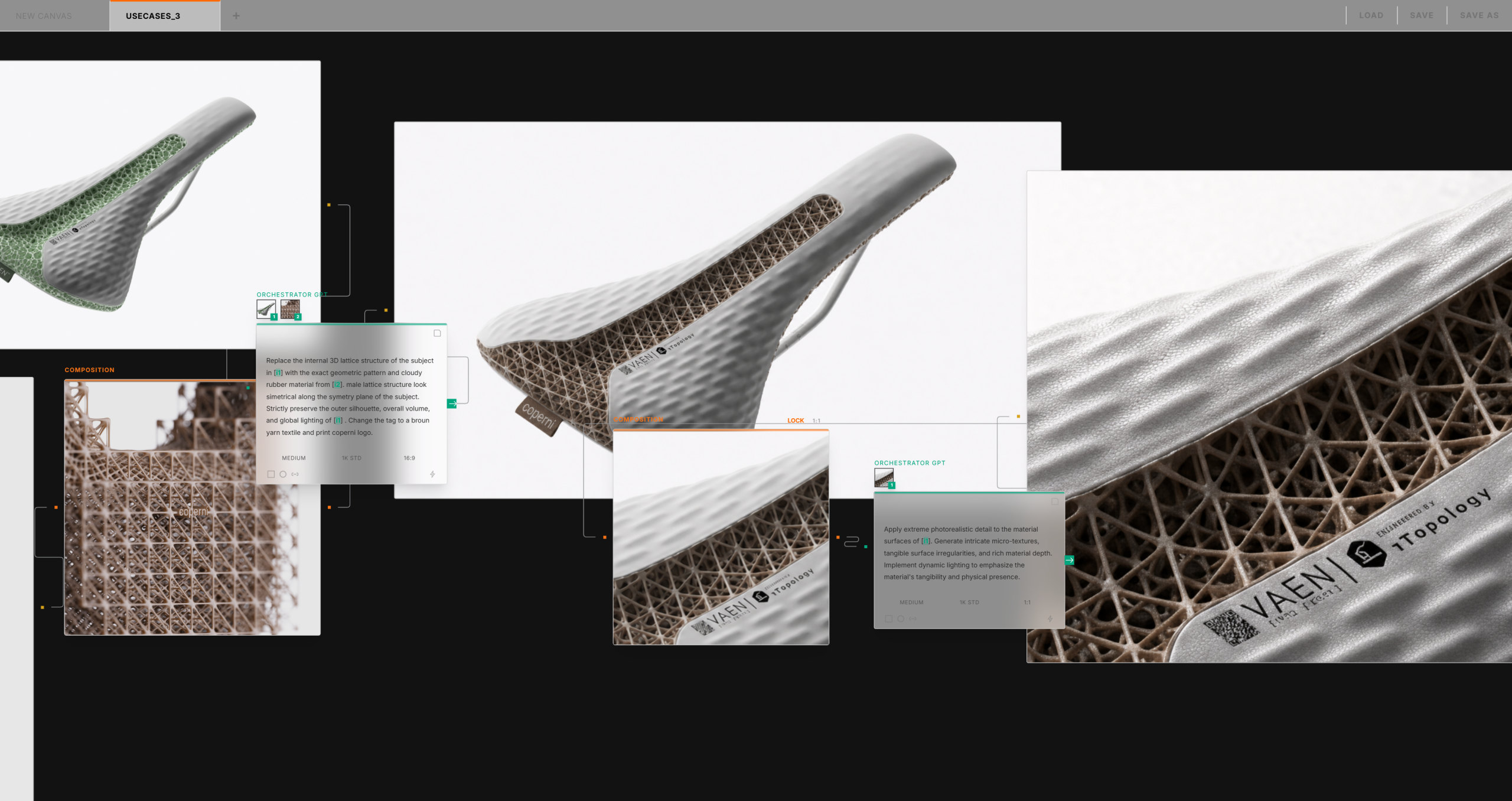 Dark VEINDRA canvas showing a controlled material and lattice transformation workflow