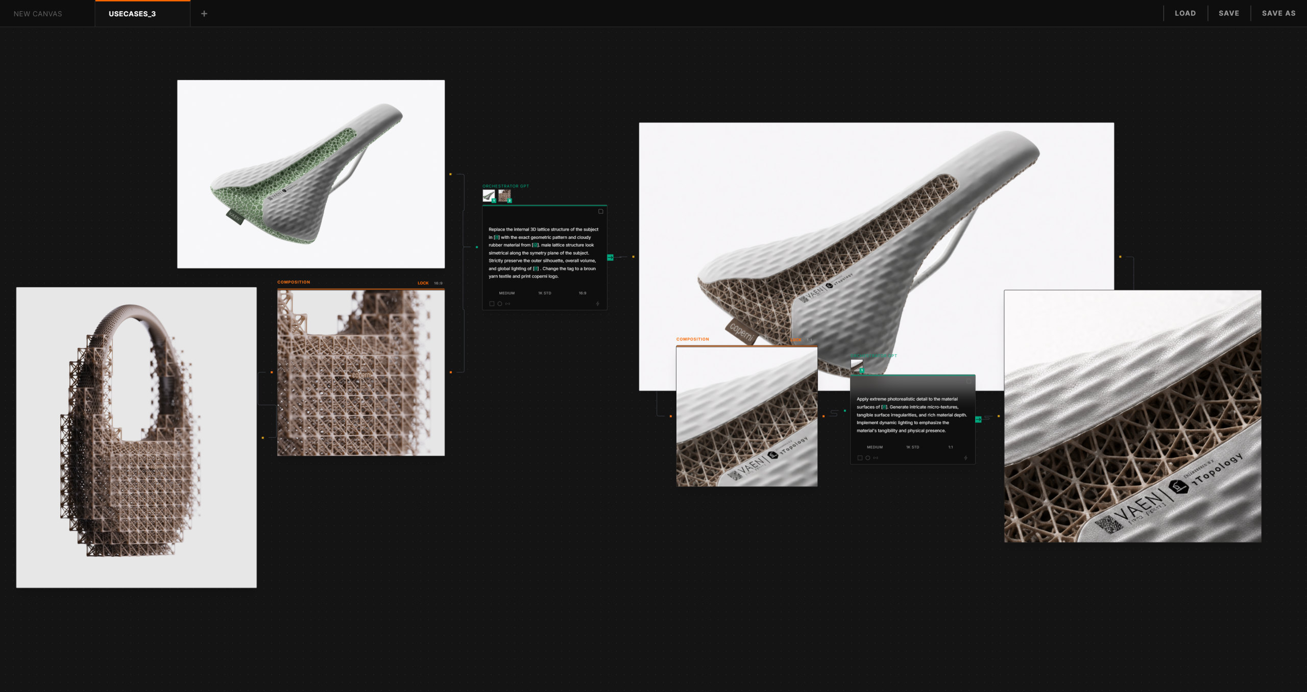 VEINDRA Studio canvas with a connected creative AI workflow
